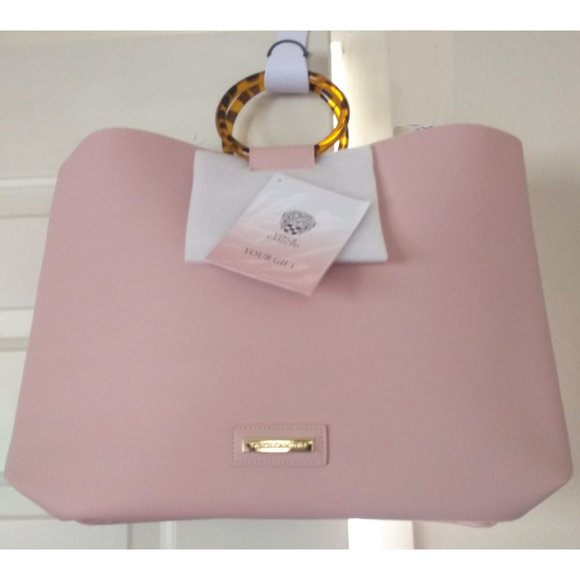 New! Vince Camuto Pebbled Large Tote Bag With Tortoise Double Handles Pink NWT - Picture 3 of 6